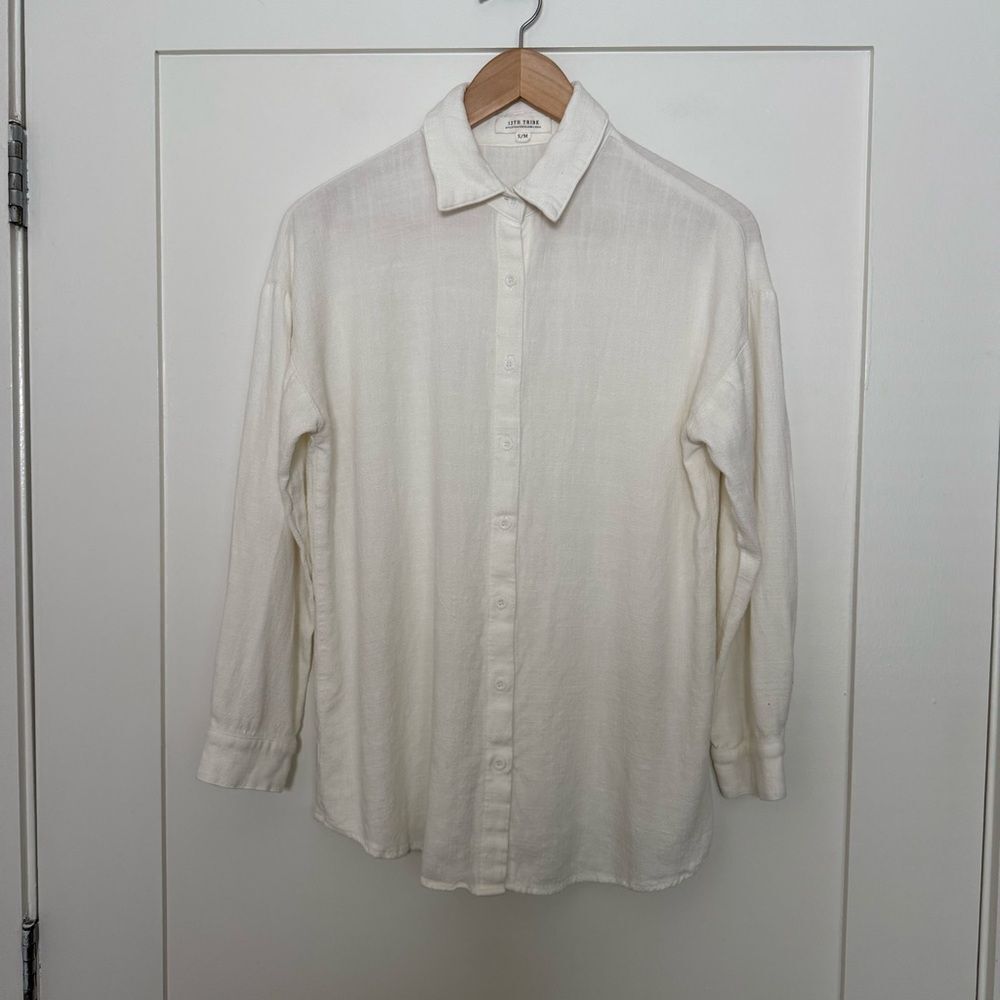 12th Tribe Shirt Women Sz S M White Linen Blend Coastal Beach Resort Minimalist